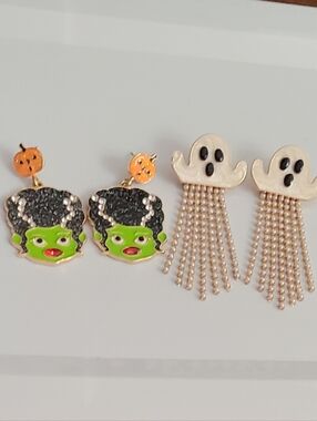 Halloween Earrings Enamel Rhinestones Ghost Frankenstein Pearls Tassel Pierced